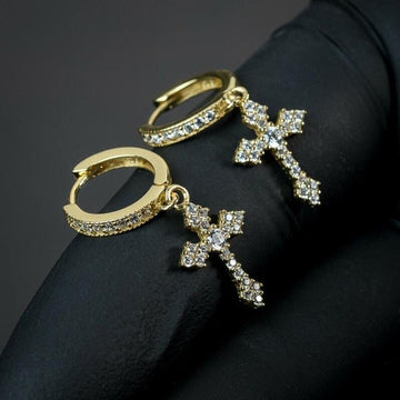 Stylish Christian Cross Drop Hoop Earrings Shiny AAA CZ Crystals High Quality Unisex Fashion Religious Jewellery - The Jewellery Supermarket